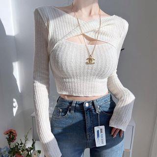 Long Sleeve Cut-Out Twisted Ribbed-Knit Crop Top White by Honet