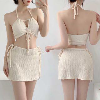 Set: Halter Plain Drawstring Bikini Top + Bikini bottom + Swim Skirt Off-White by Serendo