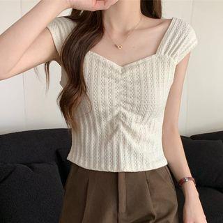Short-Sleeve V-Neck Ribbed Plain Crop Knit Top Almond by Allinya