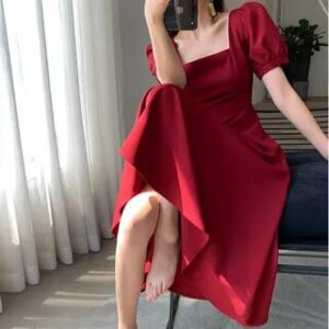 Short-Sleeve Square Neck Plain Midi A-Line Dress Red 245443485