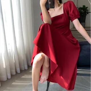 Short-Sleeve Square Neck Plain Midi A-Line Dress Red by Hevnir