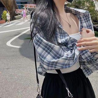 Long-Sleeve Button-Up Plaid Crop Blouse Plaid - Blue by Happo