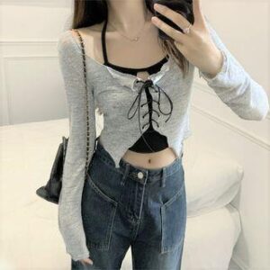 Set: Long-Sleeve Scoop Neck Plain Lace Up Crop Top + Halter Neck Plain Keyhole Crop Cami Top Set - Black & Gray 245443665