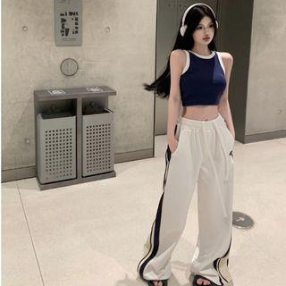 [32/S] Drawstring Waist Striped Wide Leg Sweatpants Pants - White by Strawolf