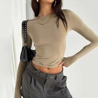 Long-Sleeve / Short -Sleeve Round Neck Plain Cropped Tee Short-Sleeve - Coffee by Rosesand