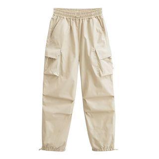 High Waist Plain Drawstring Cargo Baggy Pants Almond by Sosana