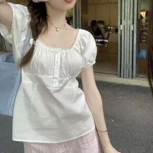Short-Sleeve Square Neck Plain Lace Trim Peplum Blouse Blouse - White 245444221