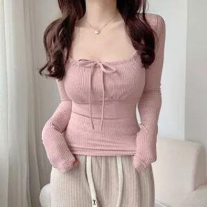 Long-Sleeve Drawstring Plain Knit Top Pink 245444336