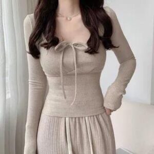 Long-Sleeve Drawstring Plain Knit Top Almond 245444338