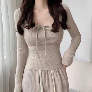 Long-Sleeve Drawstring Plain Knit Top Almond by Shinsei
