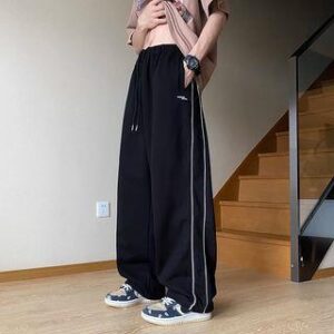 Drawstring Waist Striped Wide Leg Pants Black 245444478