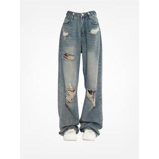 XL - High Waist Distressed Wide Leg Jeans Blue by Porstina