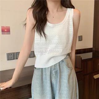 U-Neck Plain Knit Tank Top White by Sisyphi