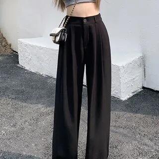 High-Rise Plain Straight Leg Dress Pants Black by Duwnie