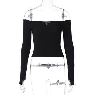 Long-Sleeve Off-Shoulder Crop Top Black by Rosesand
