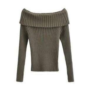 Long Sleeve Off-Shoulder Plain Ribbed-Knit Sweater Army Green 246065413