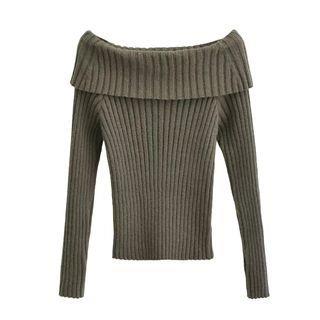 Long Sleeve Off-Shoulder Plain Ribbed-Knit Sweater Army Green by Asiris