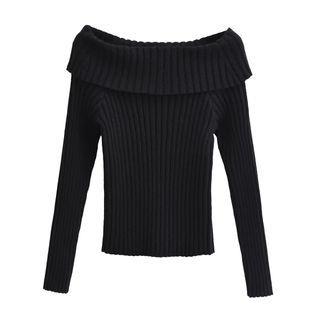 Long Sleeve Off-Shoulder Plain Ribbed-Knit Sweater Black by Asiris