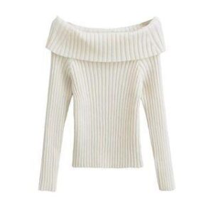 Long Sleeve Off-Shoulder Plain Ribbed-Knit Sweater Off-White 246065417