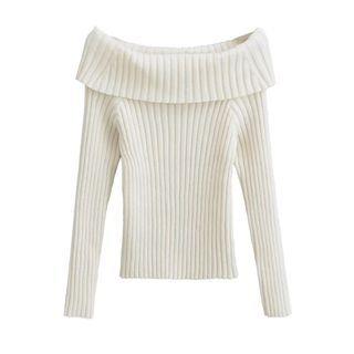 Long Sleeve Off-Shoulder Plain Ribbed-Knit Sweater Off-White by Asiris
