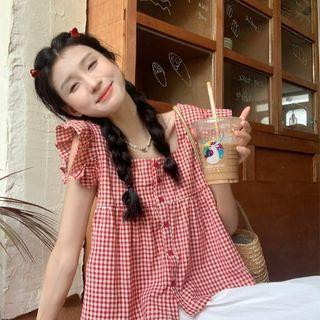 Sleeveless Square Neck Plaid Ruffle Blouse Red by Shinsei