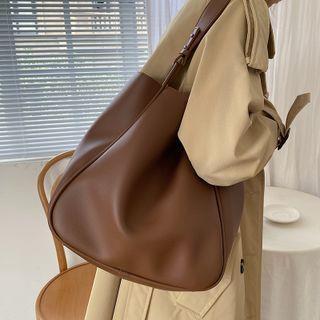 Faux Leather Plain Tote Bag With Pouch Brown by Basaran