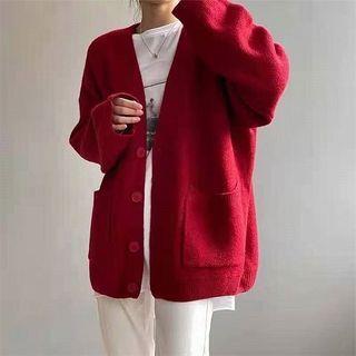 V-Neck Plain Cardigan Red by Whychunga