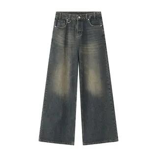 Mid Rise Washed Wide Leg Jeans Dark Blue & Yellow by FAERIS