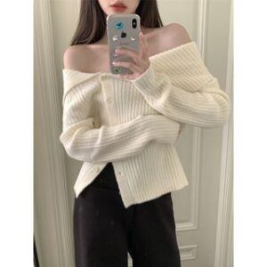 Long-Sleeve Off-Shoulder Plain Asymmetrical Button Knit Top Off-White 246598437