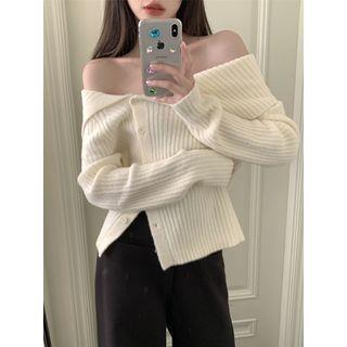 Long-Sleeve Off-Shoulder Plain Asymmetrical Button Knit Top Off-White by Magma