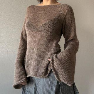 Long Wide-Sleeve Boatneck Plain Knit Top Brown by Honet
