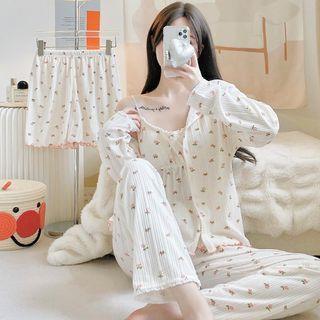 Lace Trim Pajama Camisole Top / Light Jacket / Pants / Shorts / Set 17411 - Set of 4 - Camisole Top & Light Jacket & Pants & Shorts - Flower - Pink by Dazzli