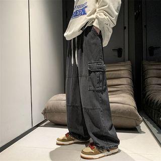 Drawstring Wide-Leg Cargo Jeans Black by Zentrus