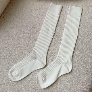 Plain Ribbed Socks Knee-High Socks - White by Lychee