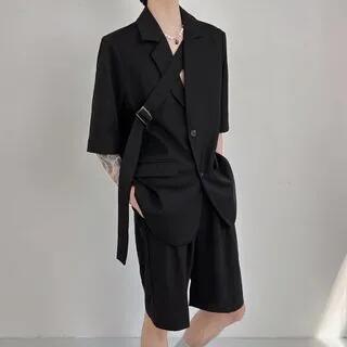 Elbow-Sleeve Plain Single-Breasted Blazer / Mid Waist Shorts Shorts - Black by Naideth