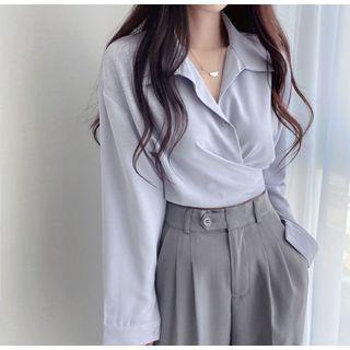 Long-Sleeve Plain Button-Up Wrap Crop Shirt White by Happo