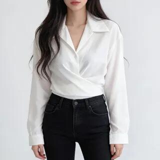 Long-Sleeve Plain Button-Up Wrap Crop Shirt Gray Blue by Happo