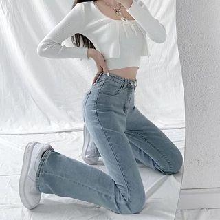 High Rise Washed Flared Jeans Light Blue by Wildfoea