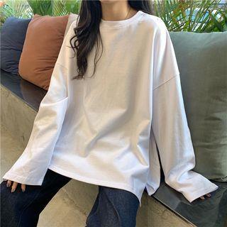 Long-Sleeve Round Neck Plain Slit Oversized T-Shirt White by Hevnir