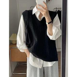 V-Neck Sweater Vest / Collared Plain Shirt Vest - Black by Shinsei