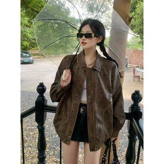Collared Faux Leather Zip Jacket Brown by Moon City