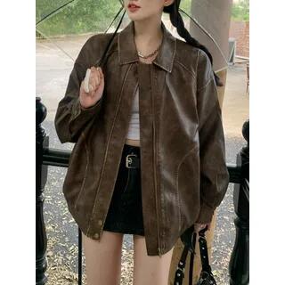 Collared Faux Leather Zip Jacket Brown by Moon City