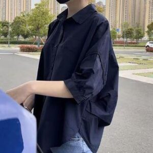 Elbow-Sleeve Collared Plain Ruched Shirt Navy Blue 248513680