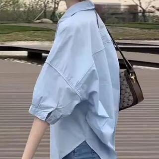 Elbow-Sleeve Collared Plain Ruched Shirt Light Blue by Happo