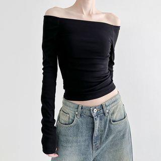 Long Sleeve Off-Shoulder Plain Slim-Fit Top Black by Sosana