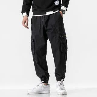 Drawstring Waist Plain Harem Cargo Pants Black by DuckleBeam