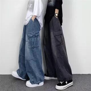 Low Rise Washed Baggy Cargo Jeans Blue by Kenning