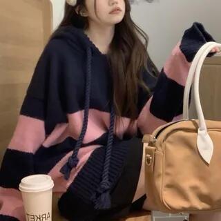 Long-Sleeve Striped Knit Hoodie Pink by Moon City