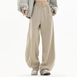 Elastic Waist Plain Baggy Sweatpants Almond 248513869
