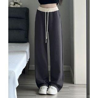 Paneled High Waist Drawstring Pocket Wide Leg Sweatpants Dark Gray by evanesce